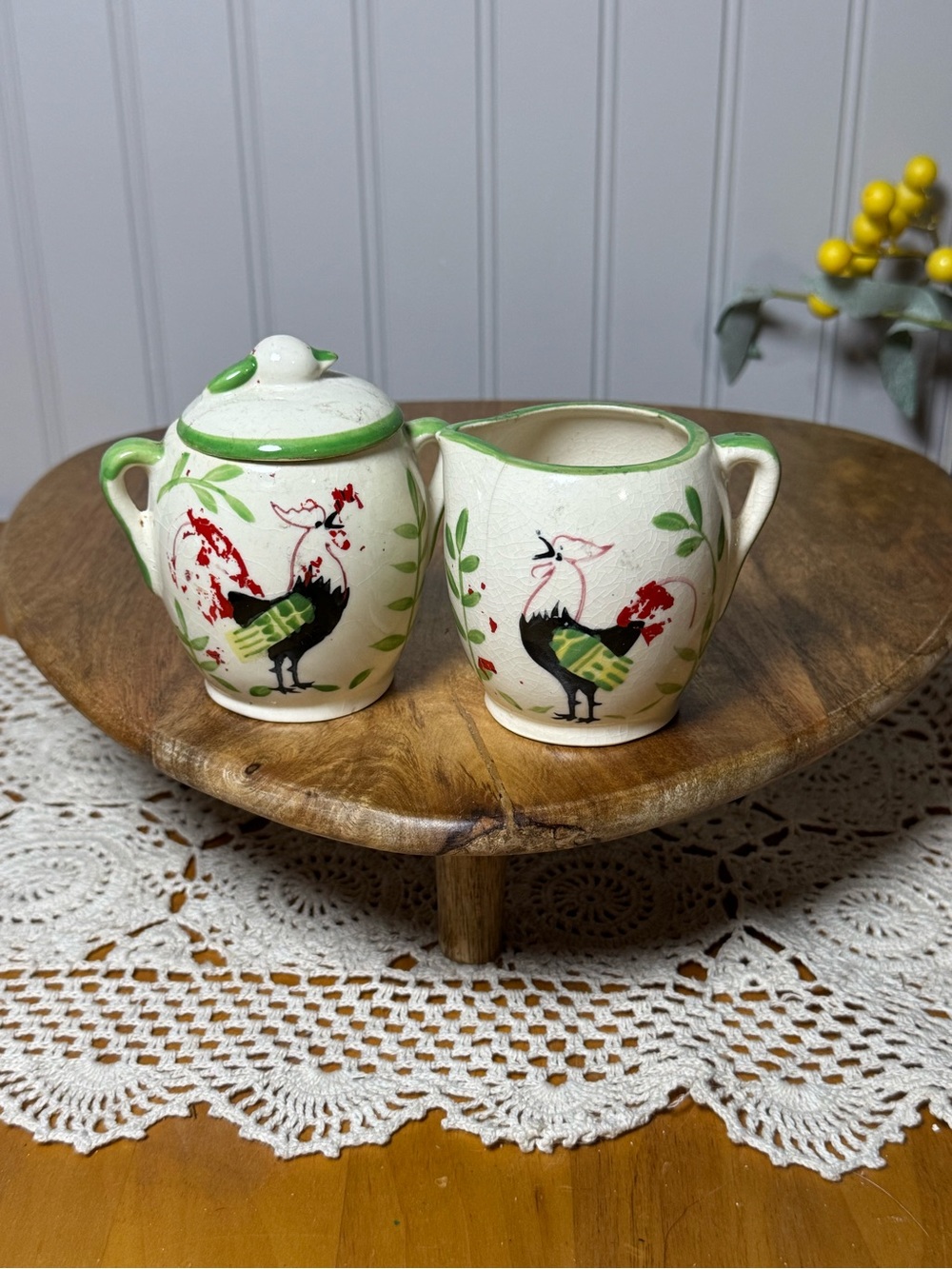 Vintage Rooster Creamer and Sugar Set in Cream and Green